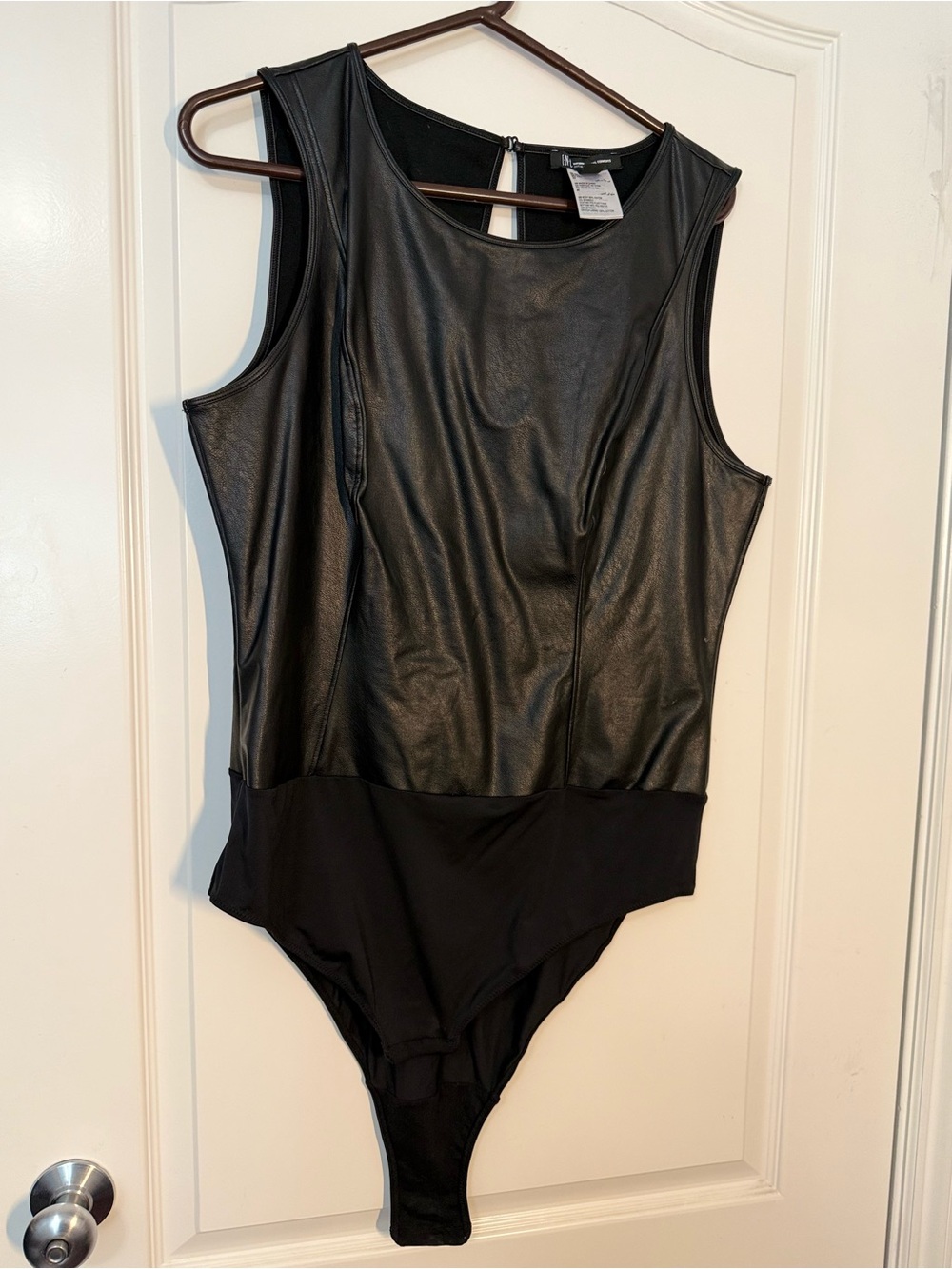 INC International Concepts Black Faux Leather Sleeveless One-Piece Bodysuit